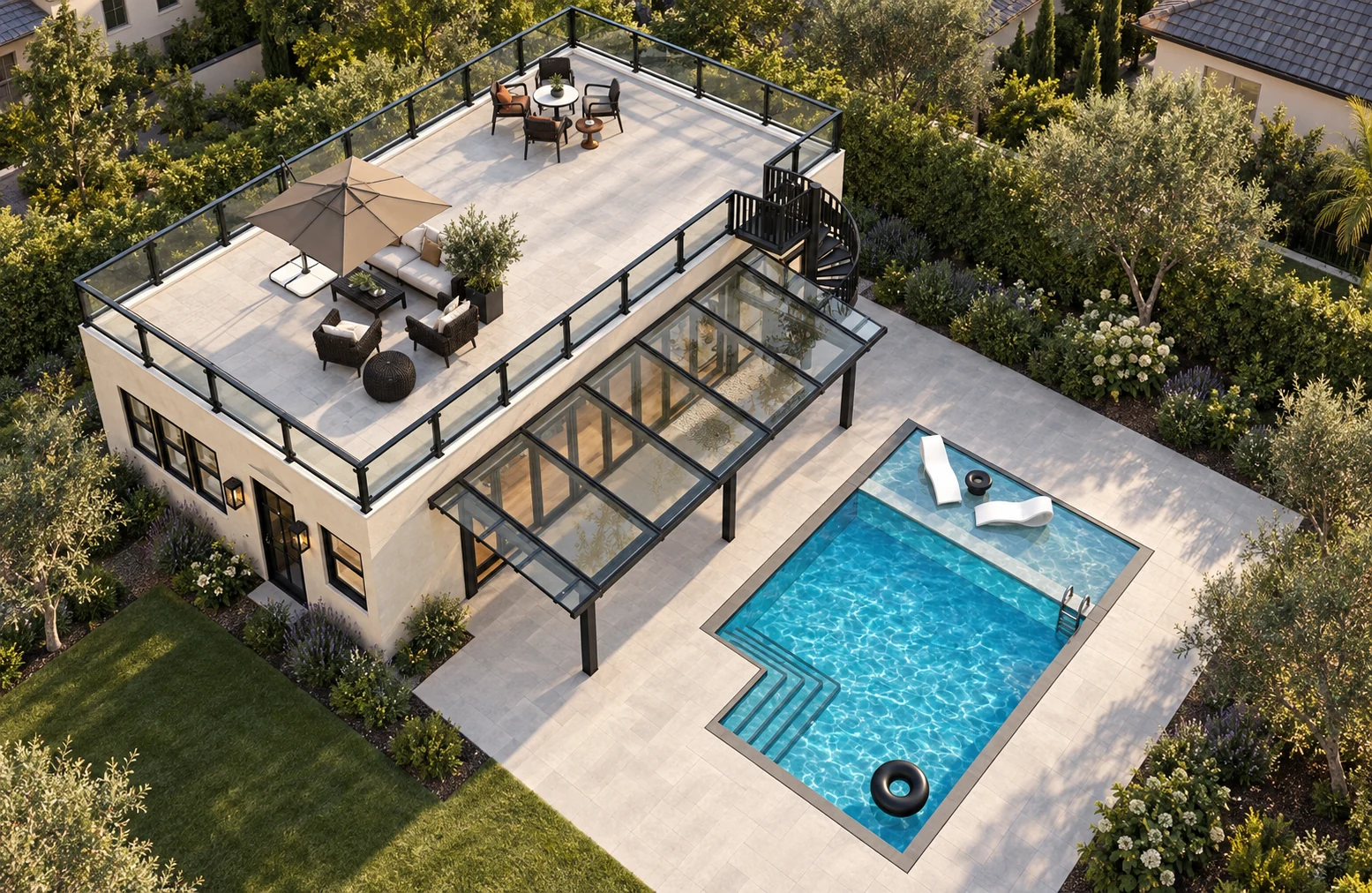 Aerial view of an ADU with rooftop terrace and backyard pool