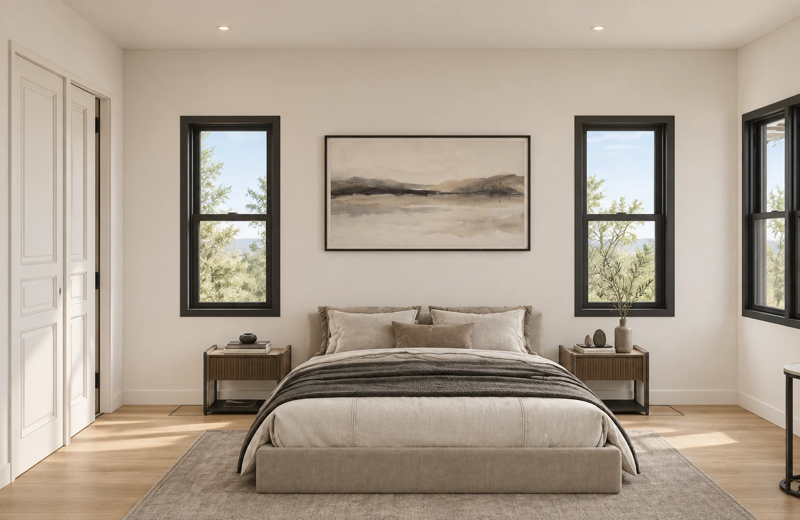 Warm bedroom interior with black-framed windows